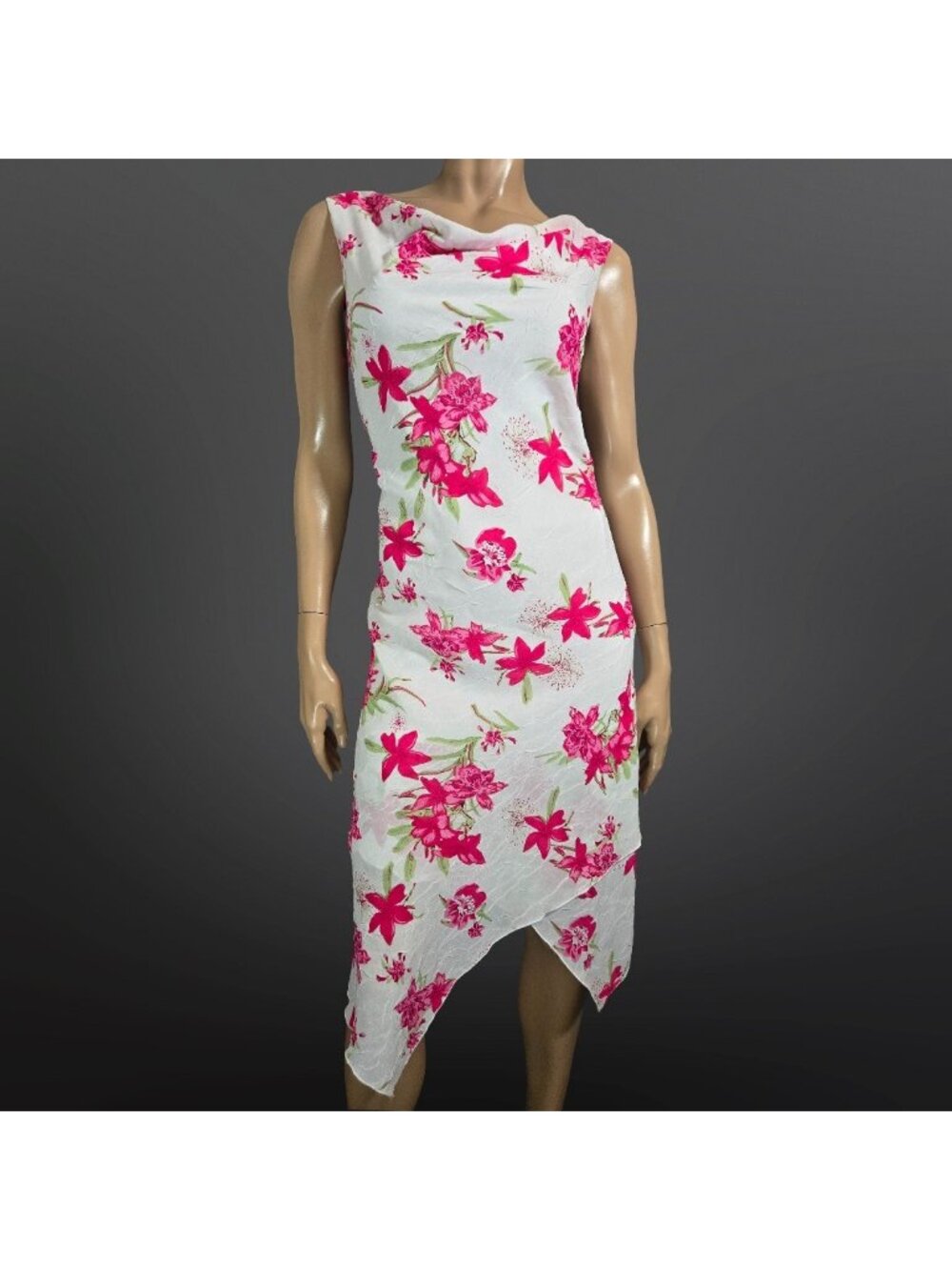 Vintage 90s Y2K Asymmetrical Bias Cut White Pink Floral Midi Dress Size 10 Fairy